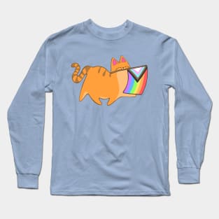 Pride Progress Flag Cat Rainbow LGBTQIA Chibi Orange Tabby Cat Long Sleeve T-Shirt